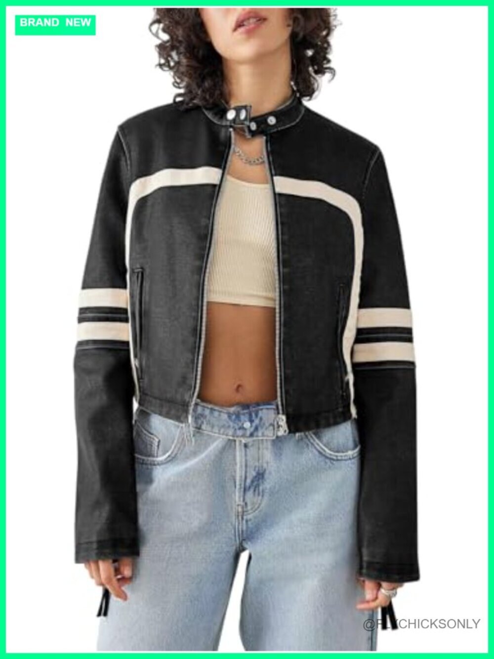 Women's Faux Leather Cropped Motocross Jacket Zip Up Stand Collar PU Coat